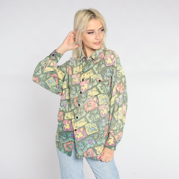 Floral Button Up Shirt 90s Abstract Flower Print Shirt Long Sleeve Retro Preppy Collared Top Green Yellow Pink Vintage 1990s Mens Medium M