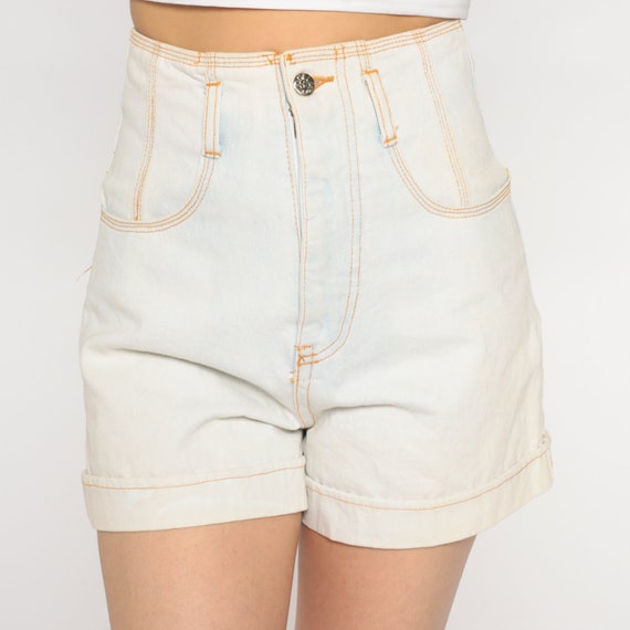 Off White Jean Shorts 90s Ultra High Rise Denim Shorts Retro High Waisted Summer Bottoms Southwestern Trim Stitchwork Vintage 1990s Small 26