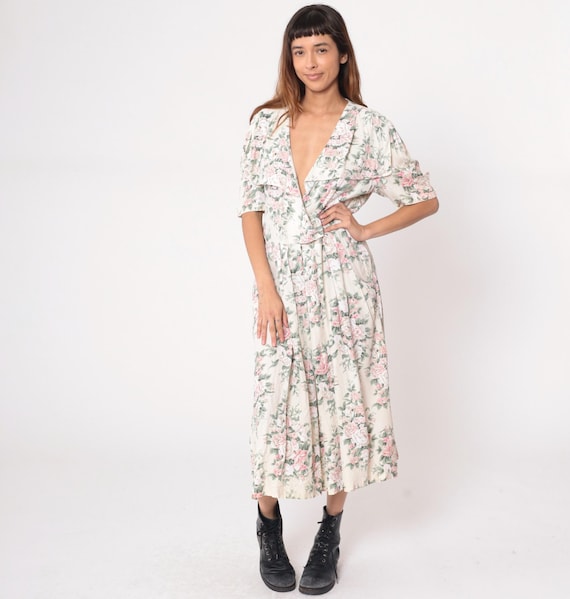 Wrap Style Floral Dress 90s Pink Rose Print Cream Ivory Short Sleeve Cottagecore Prairie Vintage Summer Wedding Guest Feminine Large L