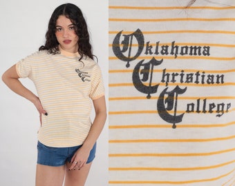80s Oklahoma Christian College Shirt University Tshirt White Yellow Striped Shirt Vintage T Shirt Graphic Tee Ringer Tee Small