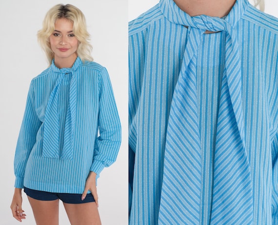 70s Ascot Blouse Blue Striped Neck Tie Top Retro Pussy Bow Secretary Blouse Preppy Long Sleeve Necktie Shirt Modest Vintage 1970s Medium M