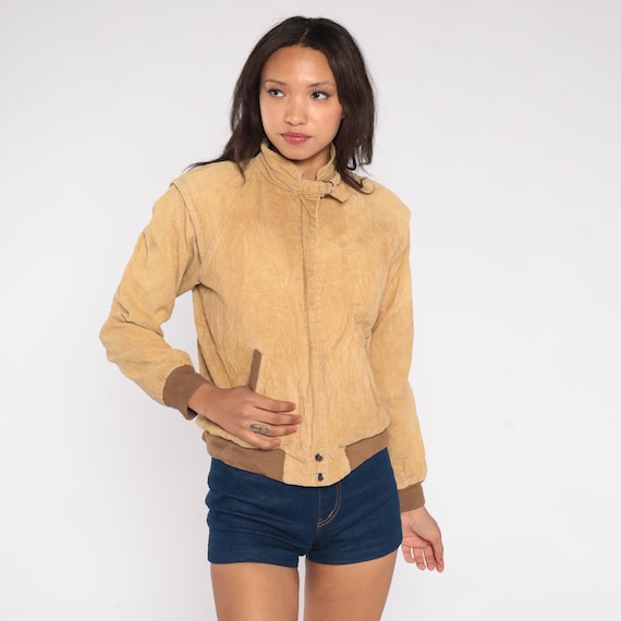 80s Corduroy Bomber Jacket Tan Camel Beige Zip Front Cotton Cropped Collar Buckle Neck Tomboy Minimalist Neutral Pockets Extra Small XS
