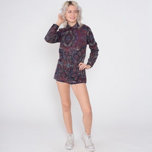 Paisley Floral Blouse 70s Top Half Button Up Long Sleeve Shirt Abstract Print Retro Boho Red Blue Green Disco Vintage 1970s Medium Large