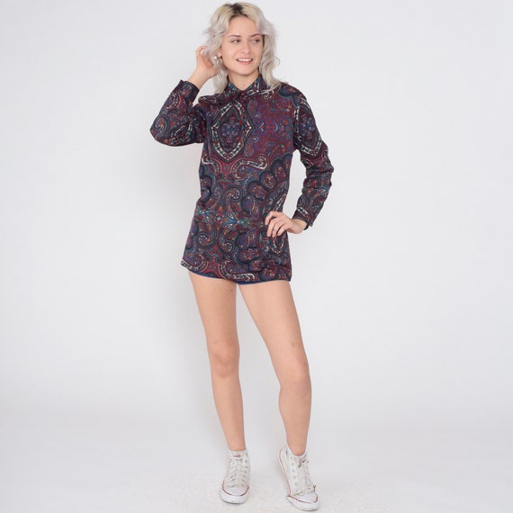 Paisley Floral Blouse 70s Top Half Button Up Long Sleeve Shirt Abstract Print Retro Boho Red Blue Green Disco Vintage 1970s Medium Large