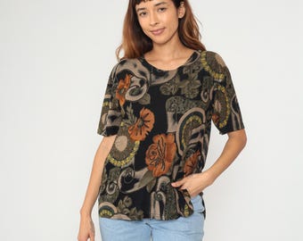 Maglietta oversize vintage con stampa floreale nera anni '90, stile grunge, manica corta, stile dark Academia, colori autunnali, casual, morbida, taglia XL