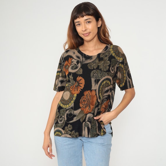 Grunge Top 90s Black Floral Scroll Print Vintage Oversized Dark T-Shirt Short Sleeve Dark Academia Cozy Autumn Colors Casual Soft Large XL
