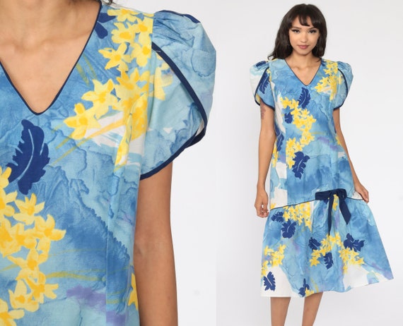Hawaiian Midi Dress 70s Ruffle Floral Dress Puff … - image 1