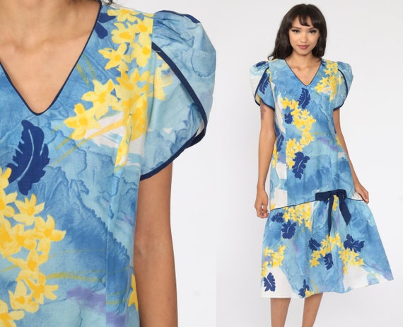 Hawaiian Midi Dress 70s Ruffle Floral Dress Puff Sleeve Shift Blue Yellow Flamenco 80s Boho Tropical Dress Summer Vintage Bohemian Medium