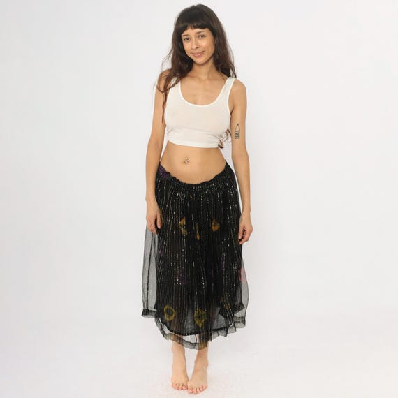 Black Floral Skirt 90s Metallic Thread Sheer Overlay Cotton Knee Length Elastic Waist Gold Red Print Vintage Grunge Alt Whimsigoth Medium M