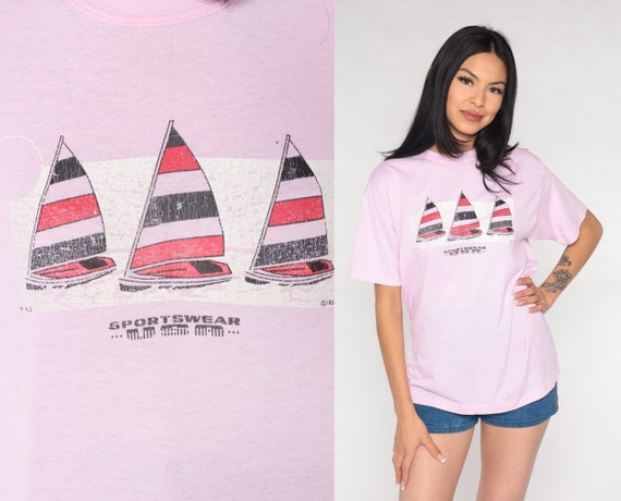 Sailboat Shirt 80s 90s Pink Nautical Boat Shirt Graphic Tee Sailor Tshirt Vintage Tshirt Single Stitch Sportswear 1980s Thin Medium