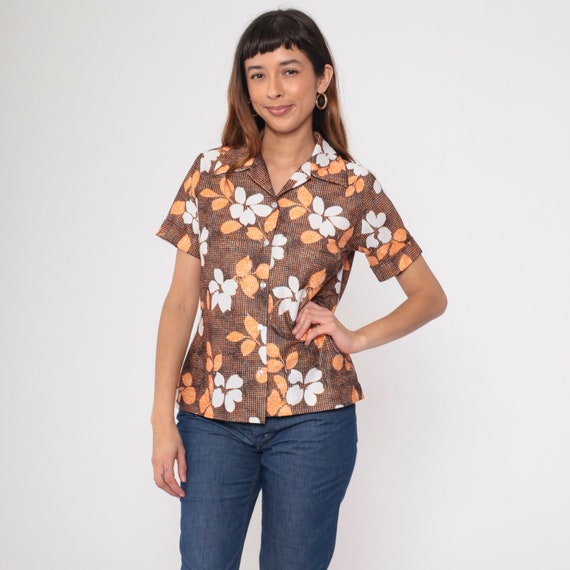 70s Floral Shirt Brown Orange Blouse 70s Button Up Shirt Bohemian Shirt Boho Blouse 1970s Hippie Top Short Sleeve Vintage Small Medium