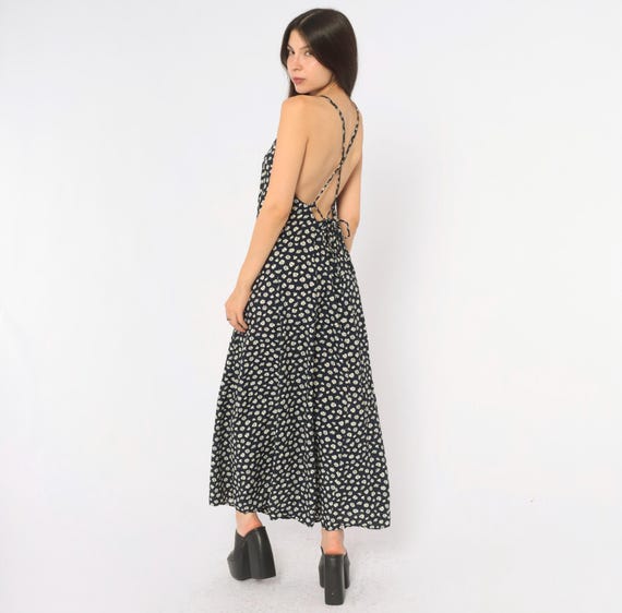 90s Navy Floral Midi Dress Ditsy White Flower Print Sleeveless Strappy Cross Back Tie Slip Sundress A Line Grunge Summer Vintage Medium M