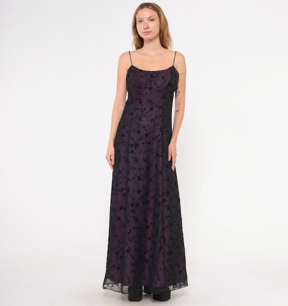 90s Black Lace Overlay Gown Purple Plum Floral Embroidered Maxi Dress Spaghetti Strap Evening Formal Dark Fairy Prom Night Vintage Small S