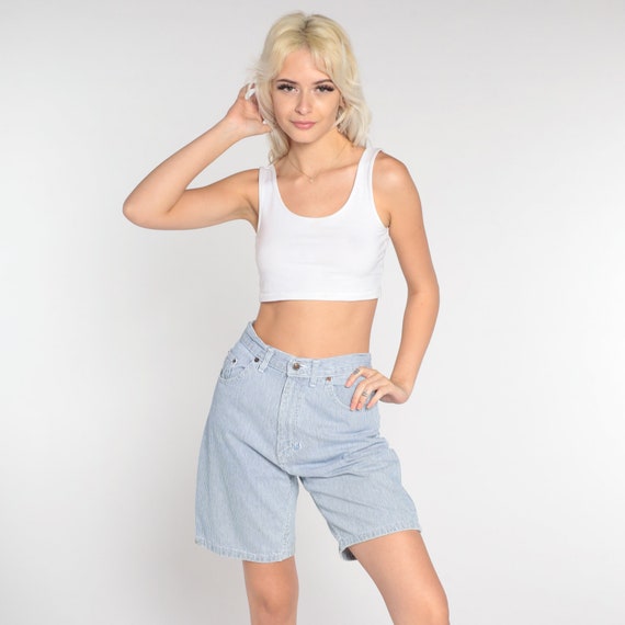 Striped Jean Shorts Y2K Blue Shorts Conductor Striped Denim Shorts High Waisted Shorts 00s Vintage White Retro Summer Faded Glory Small 27