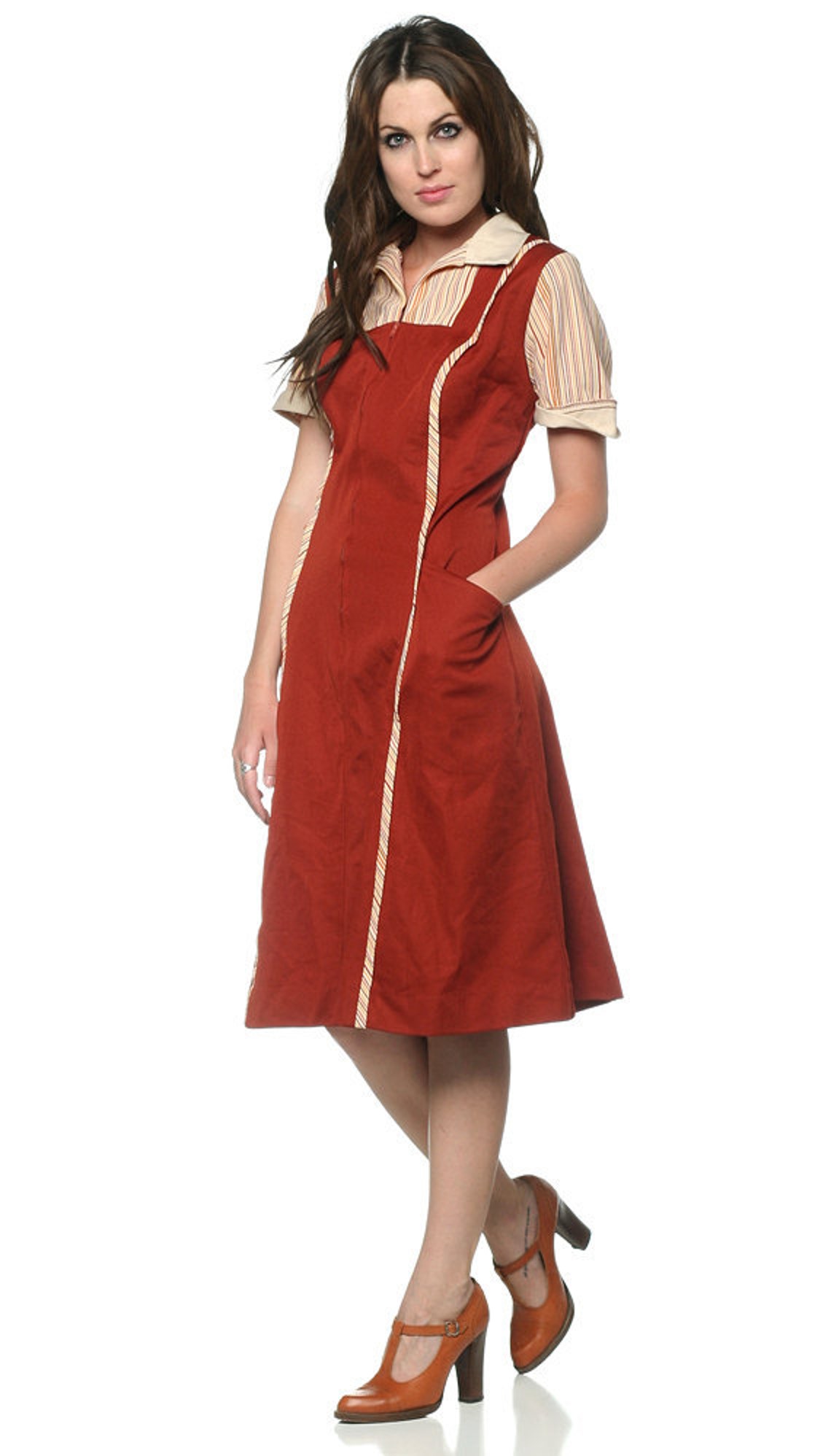 70s Waitress Dress Diner Uniform Rust 1970s Striped Retro Etsy
