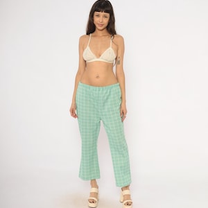70s Mint Plaid Flare Pants Green White Windowpane Check Cropped Kick Bell Bottom Sage Grid Pattern Checkered Vintage Slacks Medium Large M L