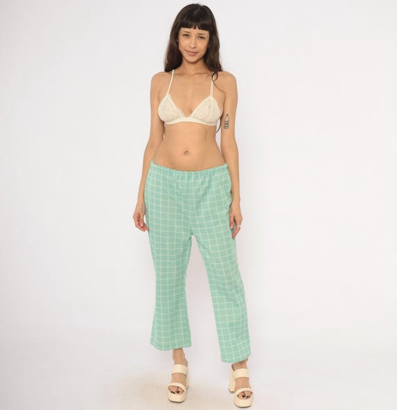 70s Mint Plaid Flare Pants Green White Windowpane Check Cropped Kick Bell Bottom Sage Grid Pattern Checkered Vintage Slacks Medium Large M L