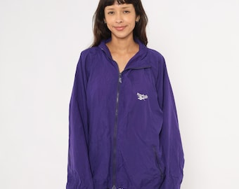 Purple Reebok Windbreaker 90s Hooded Zip Front Jacket Violet Drawstring Hem Athletic Streetwear Track Coat Vintage Sporty Unisex Large L