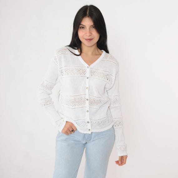 Vintage White Cutout Cardigan 80s Sheer Pointelle Cutwork Sweater Button Up V Neck Bohemian Summer Cut Out Light Geometric 1980s Medium M