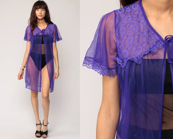 Lingerie Robe Jacket Purple Sheer Lace 80s Boho Bed Jacket TRAPEZE Lingerie Kimono Robe 70s Flutter Sleeve Bohemian Vintage Medium