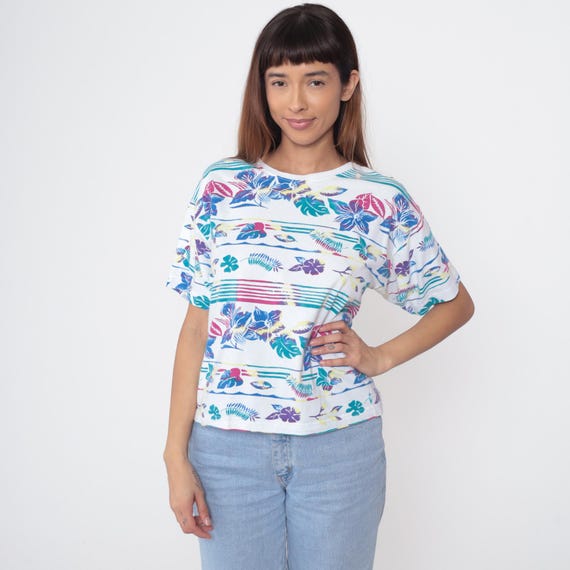 90s Tropical Tee Cotton Hawaiian Floral Top White Blue Purple Pink Teal Striped Summer Vacation Beach Resort Shirt Vintage Relaxed Medium M