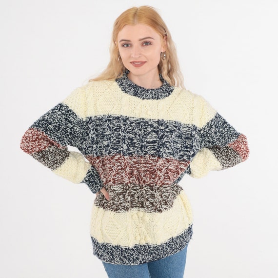 Striped Sweater 80s Cable Knit Pullover Sweater Cream Blue Rust Brown Color Block Cableknit Space Dye Acrylic Vintage 1980s Men's Small S