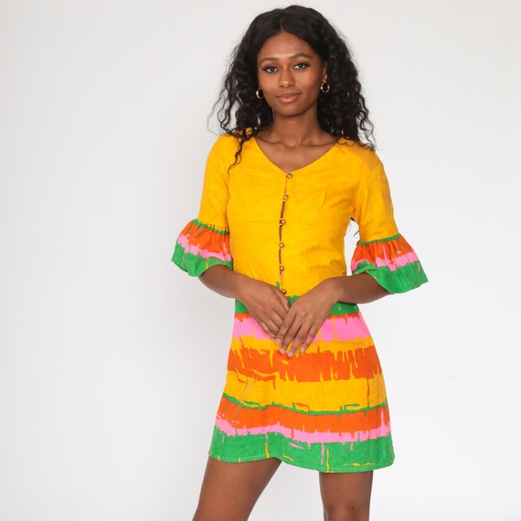 60s Mini Dress Bright Yellow Shift Mod Neon Hippi… - image 3
