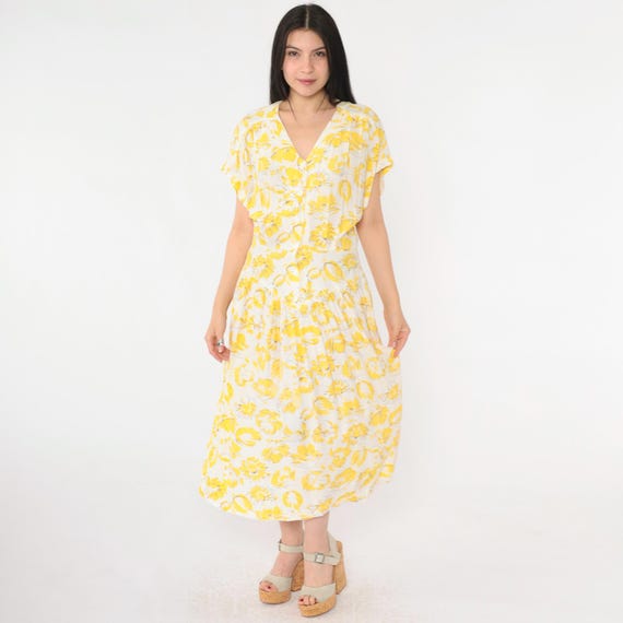 Vintage Floral Sun Dress 80s Yellow Button Up Drop Waist Midi Sundress Short Sleeve 1980s Low Waist V Neck Summer Small 3/4