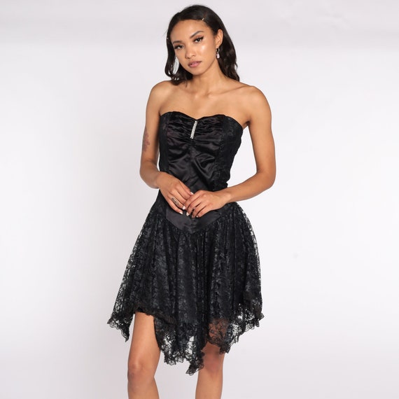 Black Lace Dress 80s STRAPLESS Prom 