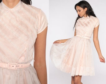 60s Party Dress Baby Pink Lace Trim Prom Dress Peter Pan Collar Dress Short Sleeve Full Skirt 1960s High Waisted Vintage Extra small xs