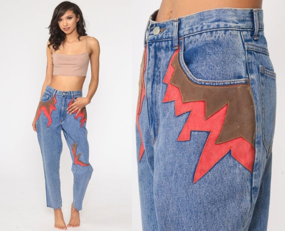 Leather Patch Jeans 90s Mom Jeans Patchwork Jeans