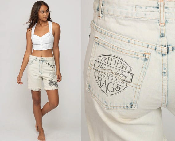 Denim Shorts Biker Shorts RIDER RAGS Acid Wash 90s High Waisted Boho Cutoffs Jean Cut offs Vintage Frayed Motorcycle Retro Small