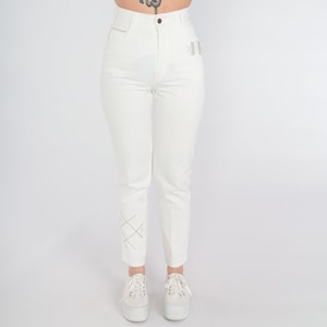Vintage White Skinny Jeans Y2k XO Studded Rhinestone Jeans High Waisted Pants Tight Slim Tapered Leg 00s Small xs
