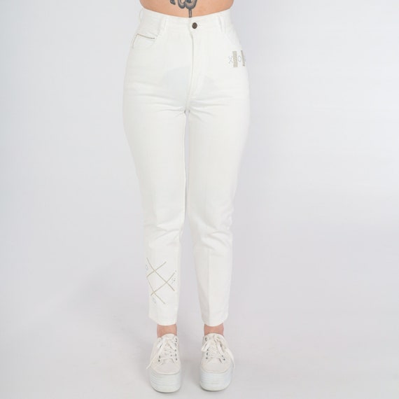 Vintage White Skinny Jeans Y2k XO Studded Rhinestone Jeans High Waisted Pants Tight Slim Tapered Leg 00s Small xs