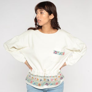 Floral Sweatshirt 90s Striped Flower Print Pullover Sweatshirt Flower Boho Retro Drawstring Waist Off-White Shirt Vintage 1990s Medium M