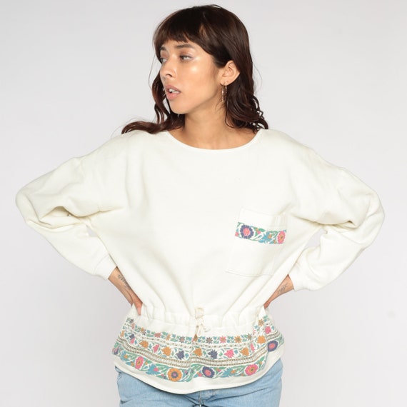 Floral Sweatshirt 90s Striped Flower Print Pullover Sweatshirt Flower Boho Retro Drawstring Waist Off-White Shirt Vintage 1990s Medium M