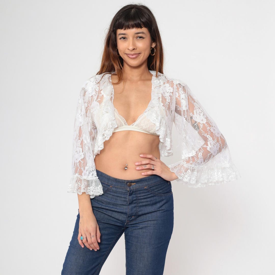 70's Sheer White Cropped Blouse with Romantic Lace
