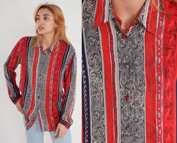 Silk Baroque Shirt 90s Red Striped Blouse Chain Print Button Up Top 1990s Long Sleeve Grey Collared Preppy Secretary Blouse Vintage Medium