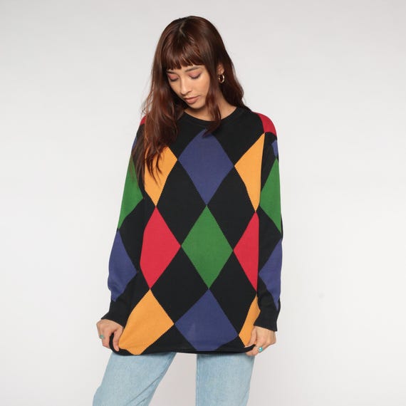 Harlequin Argyle Sweater 90s Vintage Colorful Geometric Diamond Pattern Black Multi Color Cotton Preppy Collegiate Ivy League Medium M