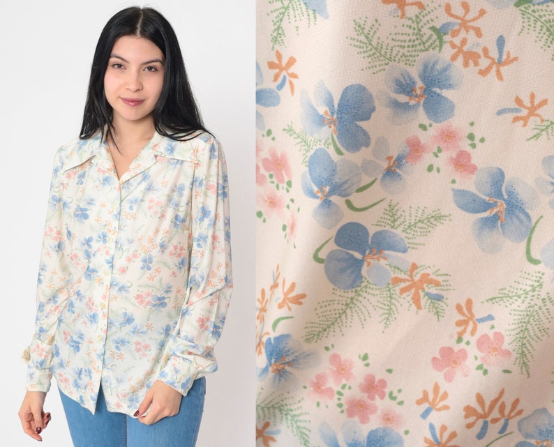 Off-White Floral Blouse 70s Disco Shirt Puff Sleeve Button Up Top Collared Bohemian Retro White Blue Pink Flower Print Vintage 1970s Medium image 1