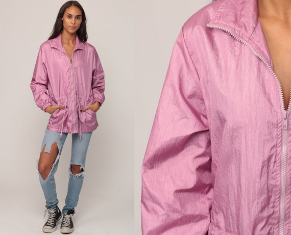 Purple Windbreaker Jacket 90s EMBROIDERED FLORAL Retro Lavender Anorak Jacket SHINY Nylon Hipster Vintage 1990s Small Medium