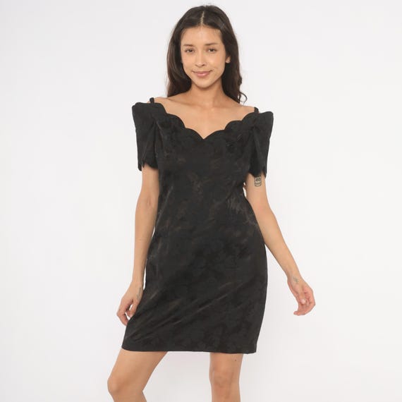 90s Jacquard Mini Dress Black Floral Off Shoulder Sweetheart Neckline Cotton Cocktail Party Evening Party Night Out Fitted Vintage Medium M