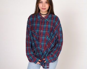 90s Flannel Shirt Red Blue Plaid Button up Shirt Grunge Lumberjack Long Sleeve Boyfriend Top Checkered Print Cotton Vintage 1990s 3xl xxxl