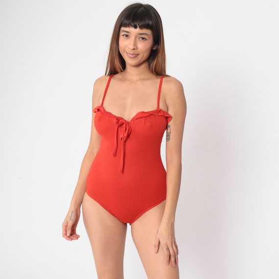 Red Ruffled Bodysuit 80s Leotard One Piece Tank Top Spaghetti Strap Ruffle Neck Tie Sleeveless Blouse Boy Suit Shirt Vintage 1980s Medium M