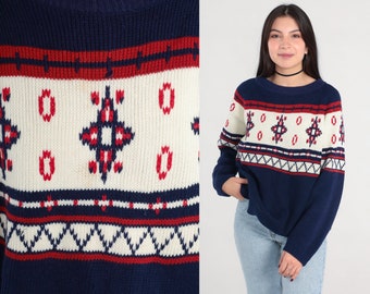 Fair Isle Sweater 80s Navy Blue Geometric Pullover Boho Norwegian Sweater Nordic Print Raglan 1980s Vintage Knit Bohemian Medium Large