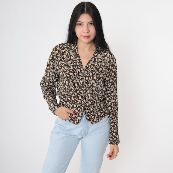Vintage Brown Floral Blouse 90s Button Up Shirt Long Sleeve Top Flower Print Casual Peplum Waist Collared Top 1990s Medium 8 Petite