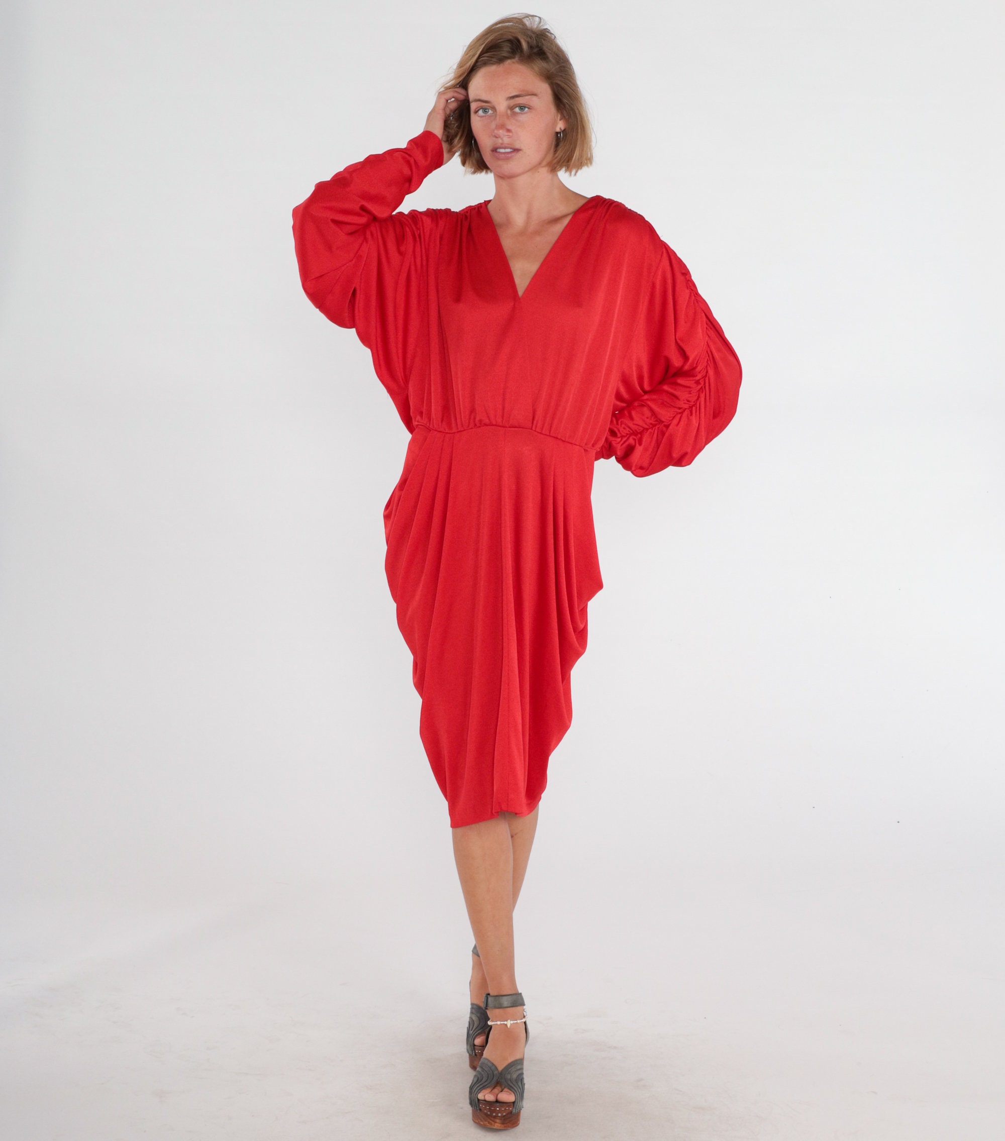 70s Disco Dress Red Party Dress Ruched Grecian Cocoon Midi Long Sleeve ...