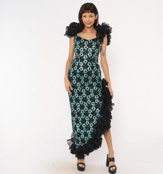 80s Sequin Gown Black Teal Silver Floral Beaded Asymmetrical Ruffle Organza Shoulder Evening Maxi Sweetheart Neckline Cocktail Party Small S