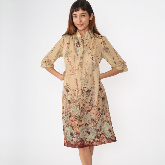 Floral Ascot Dress 70s Boho Midi Sheer Tan Necktie Secretary Shift Dress See Through Bohemian Bow 1970s Vintage 1/2 Sleeve Medium Large