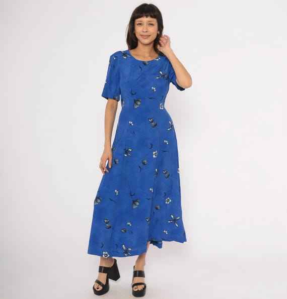 Cobalt Floral Maxi Dress 90s Blue Flower Print Short Sleeve Waist Navy Botanical Ankle Length Summer Beach Vacation Royal Women Medium M